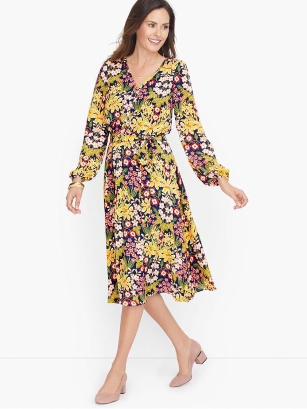Talbots V-Neck Garden Floral Long Sleeve Midi Dress Navy Yellow Multi 4P